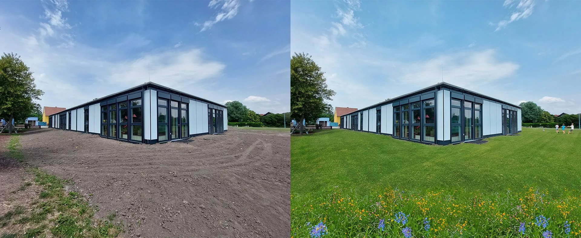 Bildbearbeitung-mit-KI-vorher-nachher Bild eines Gebäudes - vorher und nachher