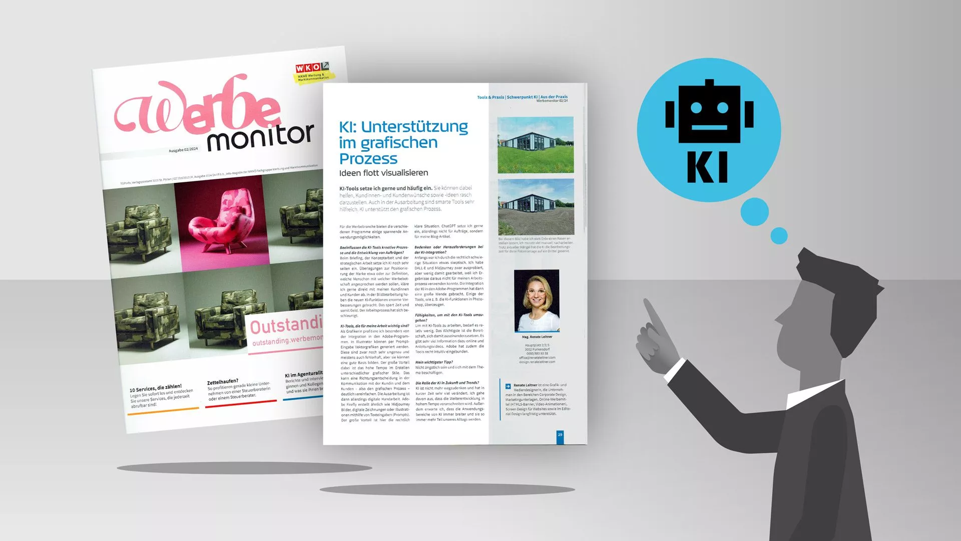 KI-Interview-RenateLeitner Werbemonitor - Zeitschrift Deckblatt und Interview-Seite